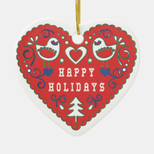 Happy Holidays Red Folk Art Heart Ceramic Tree Decoration