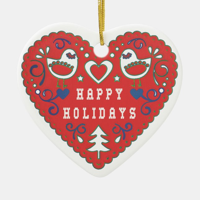 Happy Holidays Red Folk Art Heart Ceramic Tree Decoration (Front)