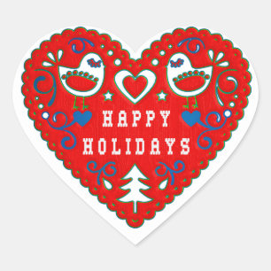 Happy Holidays Red Folk Art Heart Heart Sticker