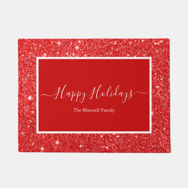 Happy Holidays red glitter family name  Doormat (Front)