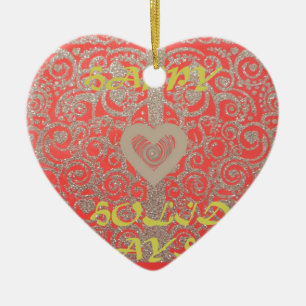 Happy Holidays Red Glitter heart design Ceramic Tree Decoration