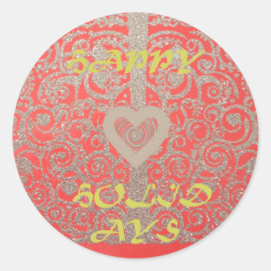Happy Holidays Red Glitter heart design Classic Round Sticker