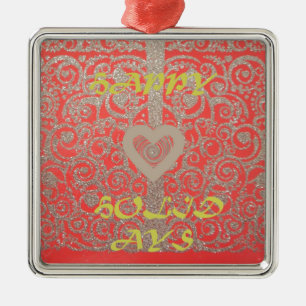 Happy Holidays Red Glitter heart design Metal Tree Decoration