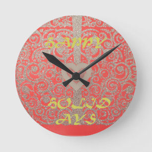Happy Holidays Red Glitter heart design Round Clock