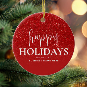 Happy Holidays Red Glitter Modern Business Ceramic Tree Decoration