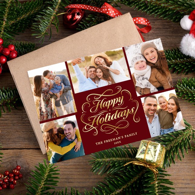 Happy Holidays Red & Gold 5 Photo Collage Card (Creator Uploaded)