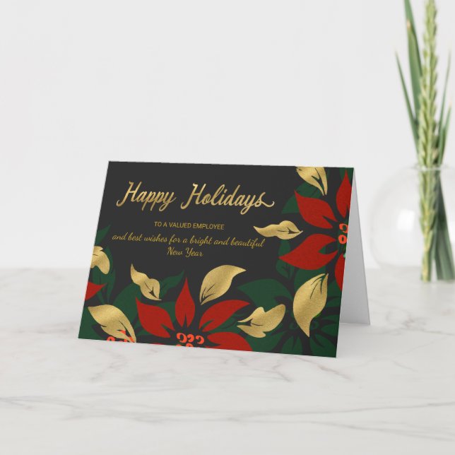 Happy Holidays Red & Gold Poinsettia Faux Foil Holiday Card (Front)