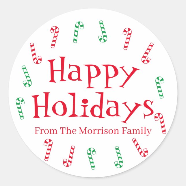 Happy Holidays red green custom name favour  Classic Round Sticker (Front)