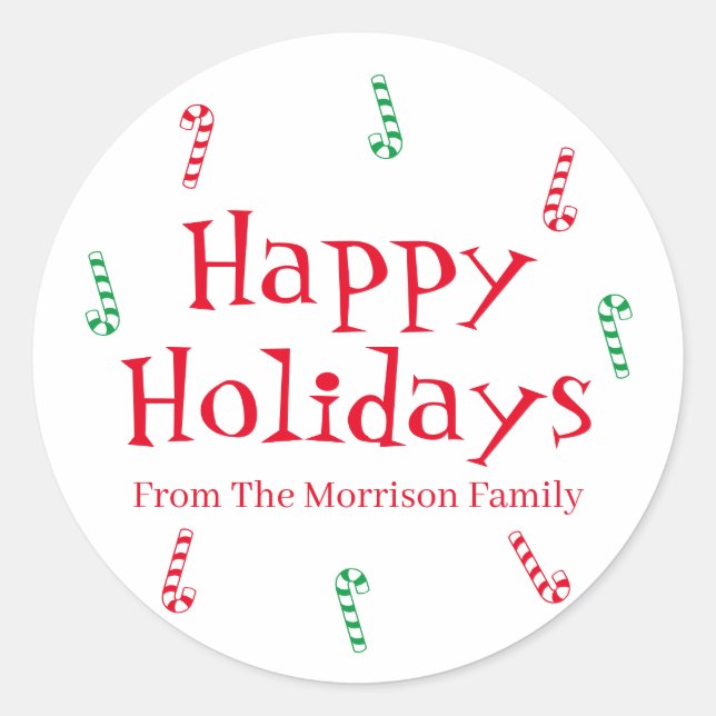 Happy Holidays red green cute candy cane custom  Classic Round Sticker (Front)