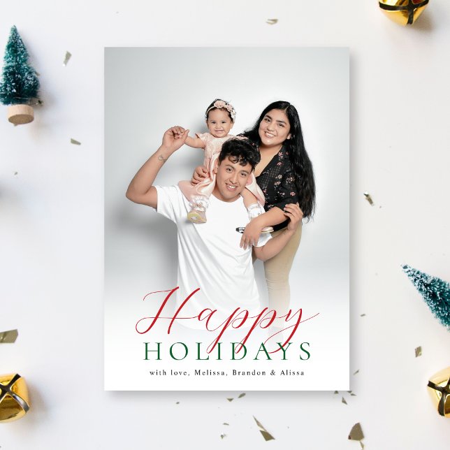 Happy Holidays Red & Green Modern Script Photo Holiday Card (Creator Uploaded)