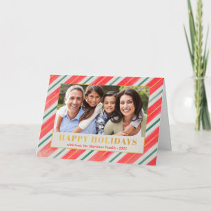 Happy Holidays Red Green Stripe Photo Christmas Holiday Card