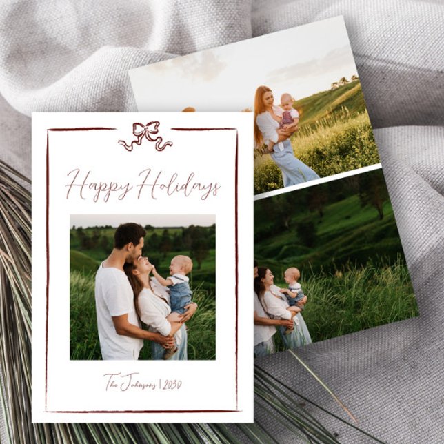 Happy Holidays Red Hand Drawn Bow Three Photo Invitation (Creator Uploaded)