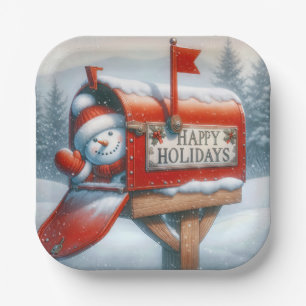 Happy Holidays Red Mailbox With Waving Snowman Paper Plate