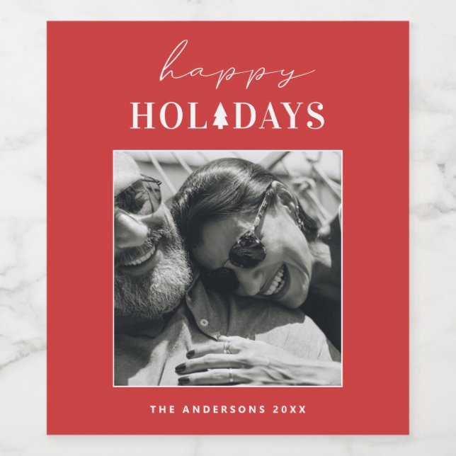 Happy Holidays | Red Modern Christmas Winter Photo Wine Label (Single Label)