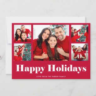 Happy Holidays   Red Modern Photo Grid Holiday Card