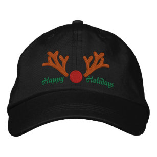 Happy Holidays Red Nose Reindeer Embroidery Embroidered Hat
