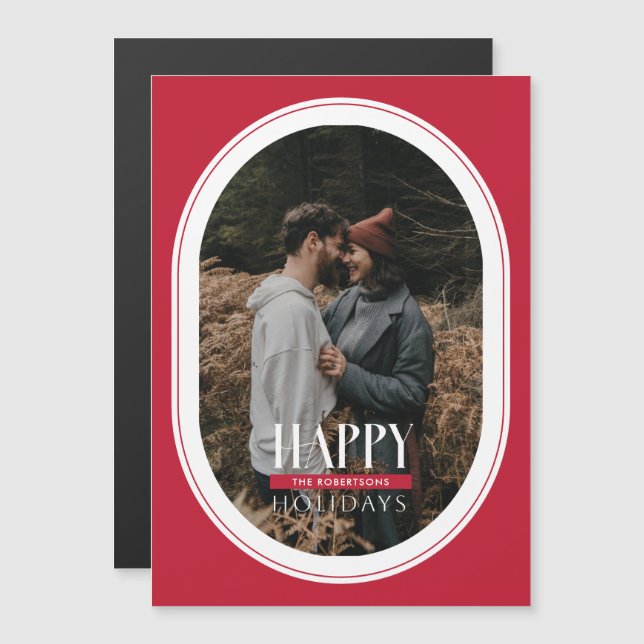 Happy Holidays Red Oval Frame Photo Card (Front/Back)