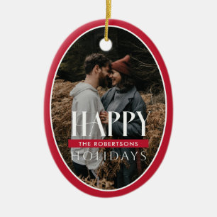 Happy Holidays Red Oval Frame Photo Card Ceramic Tree Decoration