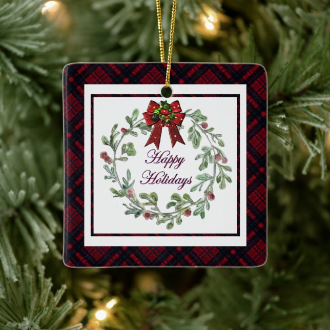 Happy Holidays Red Plaid Ceramic Ornament (Tree)
