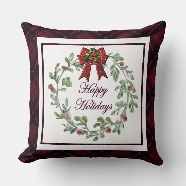 Happy Holidays Red Plaid Cushion (Front)