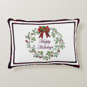 Happy Holidays Red Plaid Decorative Cushion