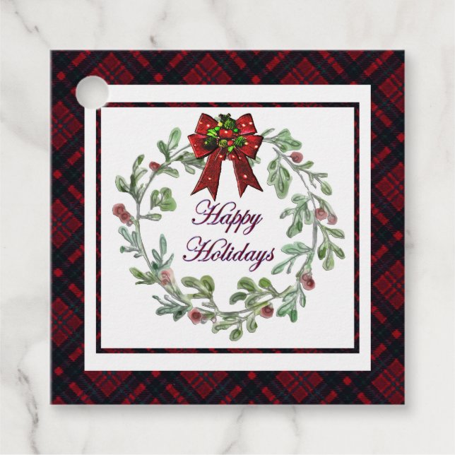 Happy Holidays Red Plaid Favour Tags (Front)