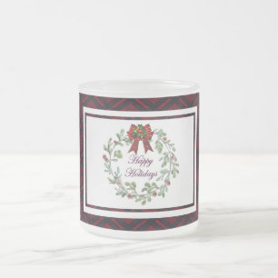 Happy Holidays Red Plaid Frosted Glass Coffee Mug