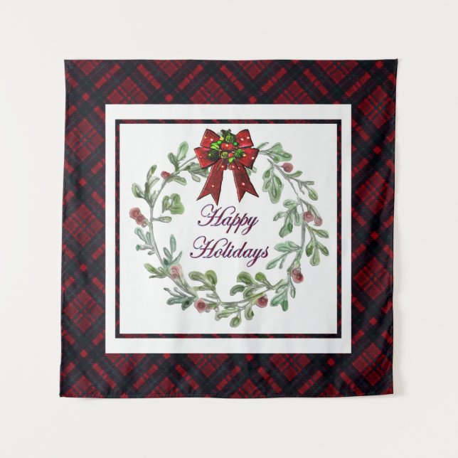 Happy Holidays Red Plaid Tapestry (Front)