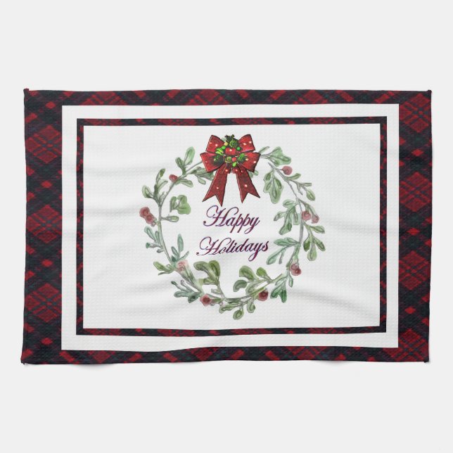 Happy Holidays Red Plaid Tea Towel (Horizontal)