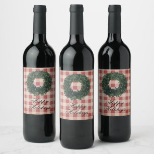 Happy Holidays Red Plaid Typography Wreath Wine Label