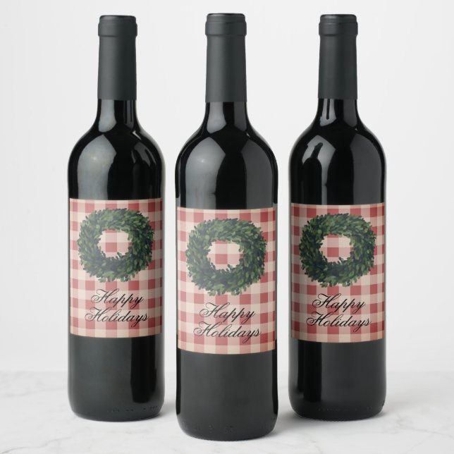 Happy Holidays Red Plaid Typography Wreath Wine Label (Bottles)