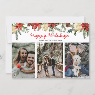 Happy Holidays Red Poinsettia Flower Couple Photo Holiday Card