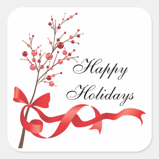 Happy Holidays Red Ribbon | Christmas Square Sticker (Front)