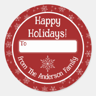 Happy Holidays Red Sticker with Snowflakes