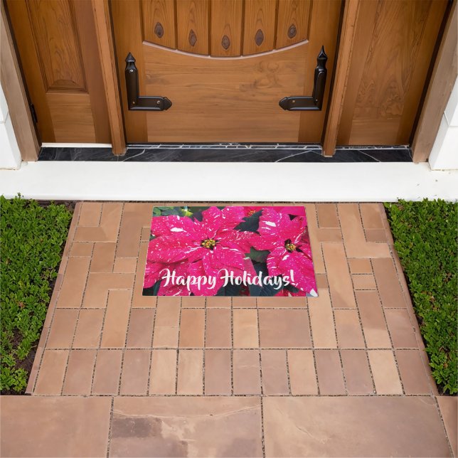 Happy Holidays Red Variegated Poinsettias Doormat (Outdoor)