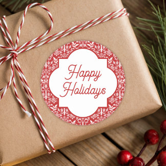 Happy Holidays Red & White Art Nouveau Classic Round Sticker