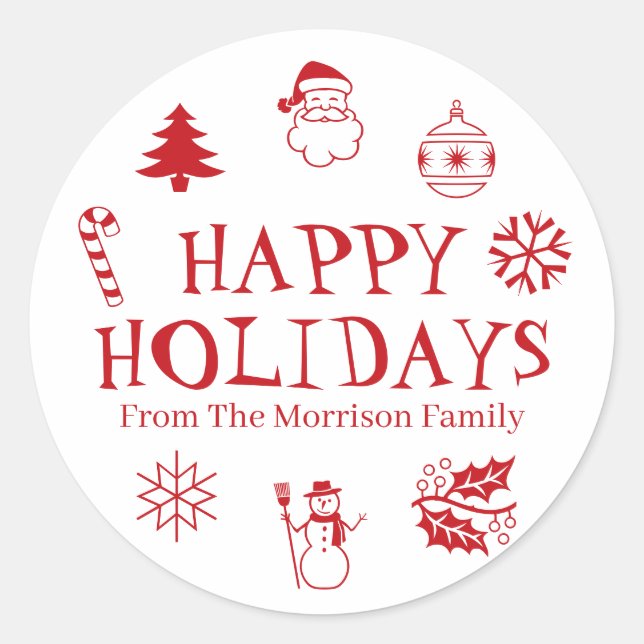 Happy Holidays red white custom name cute favour Classic Round Sticker (Front)