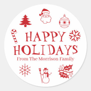 Happy Holidays red white custom name cute favour Classic Round Sticker