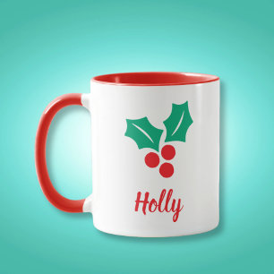 Happy Holidays Red White Green Holly Custom Name Mug
