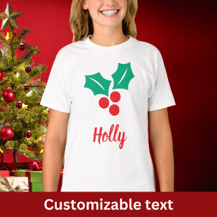 Happy Holidays Red White Green Holly Custom Name T-Shirt