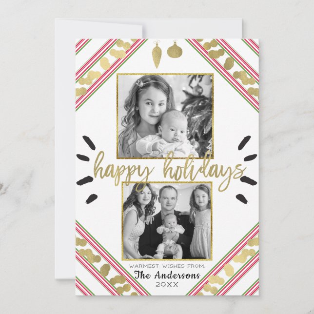 Happy Holidays Red White Green Stripes Photo Holiday Card (Front)