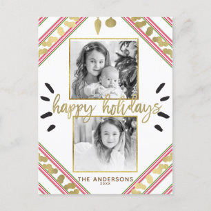 Happy Holidays Red White Green Stripes Photo Holiday Postcard