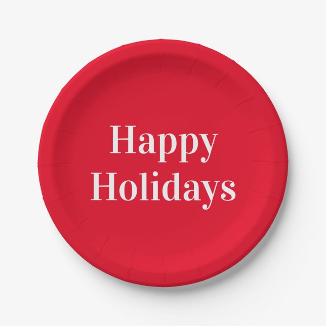 "Happy Holidays" red white Paper Plate (Front)