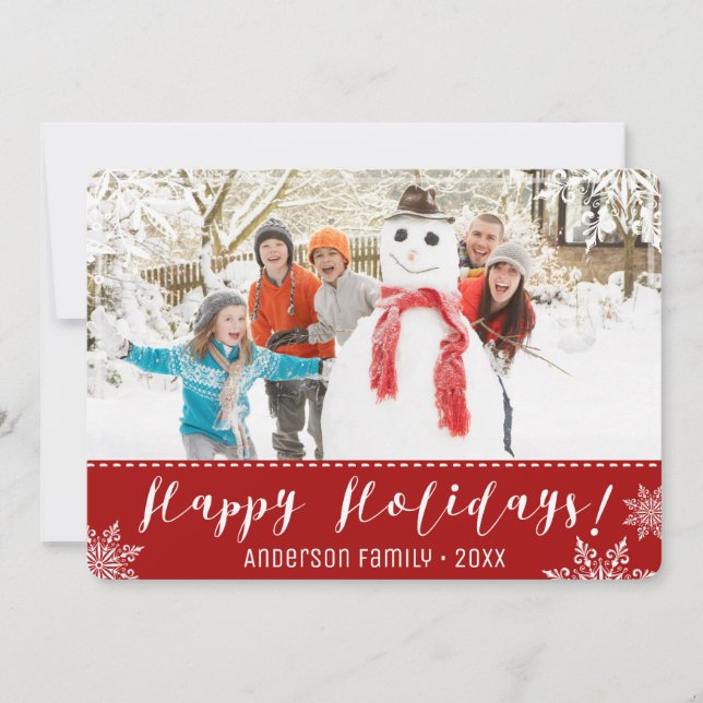 Happy Holidays Red & White Personalised Photo Holiday Card (Front)