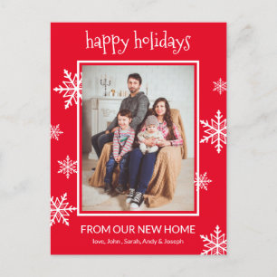 Happy Holidays Red & White Snowflakes Photo Moving Announcement Postcard