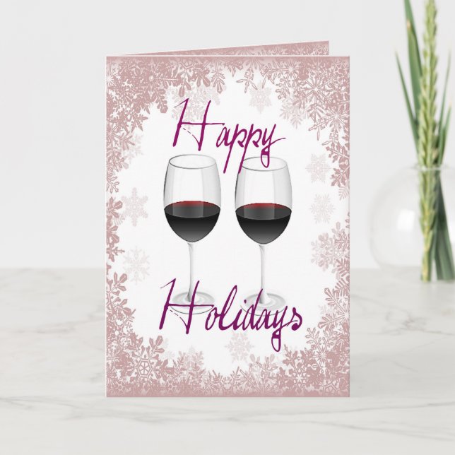 HAPPY HOLIDAYS RED WINE AND SNOWFLAKE PRINT HOLIDAY CARD (Front)