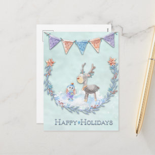 Happy Holidays Reindeer Bunny Wreath Snow Scene Holiday Postcard