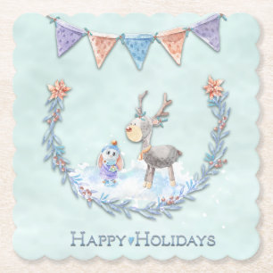 Happy Holidays Reindeer Bunny Wreath Snow Scene Paper Coaster
