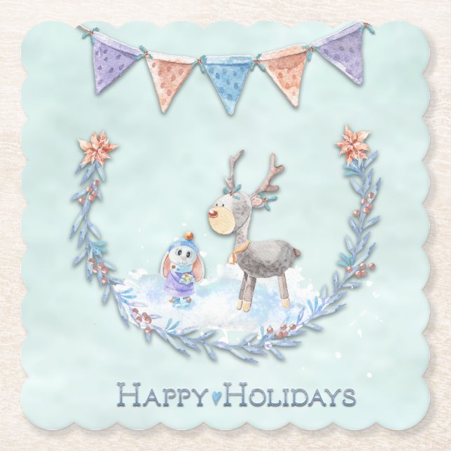 Happy Holidays Reindeer Bunny Wreath Snow Scene   Paper Coaster (Front)