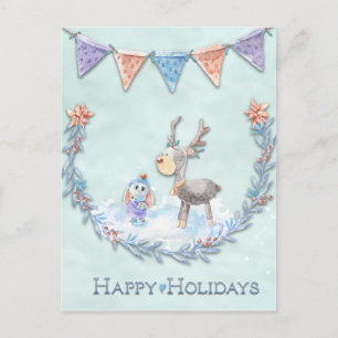 Happy Holidays Reindeer Bunny Wreath Snow Scene Postcard